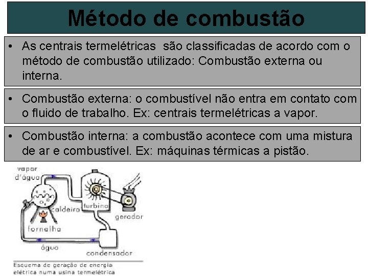 Método de combustão • As centrais termelétricas são classificadas de acordo com o método