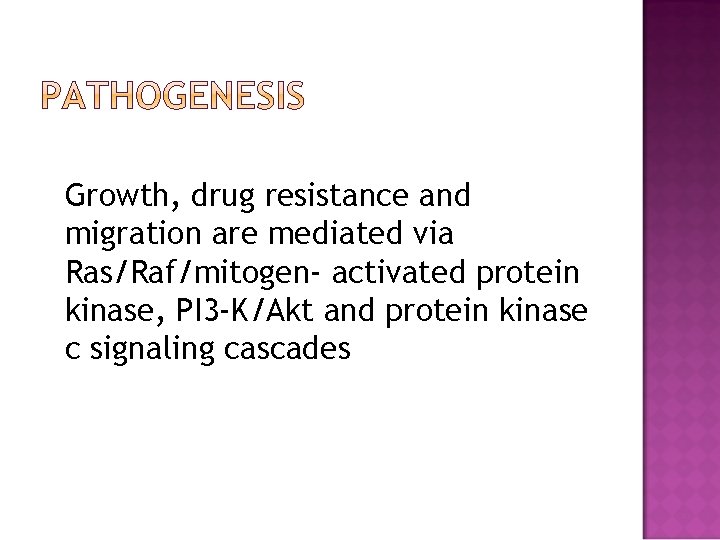 Growth, drug resistance and migration are mediated via Ras/Raf/mitogen- activated protein kinase, PI 3