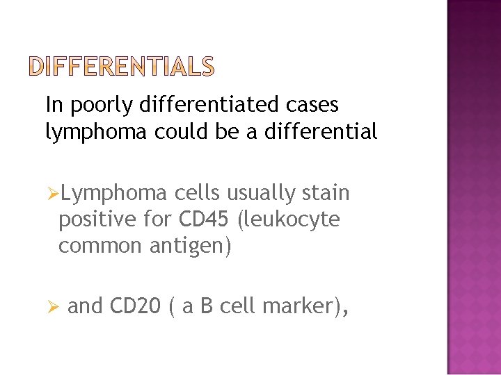 In poorly differentiated cases lymphoma could be a differential ØLymphoma cells usually stain positive
