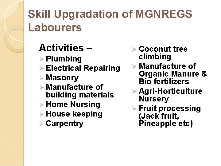 Skill Upgradation of MGNREGS Labourers Activities – Ø Plumbing Ø Electrical Repairing Ø Masonry Skill Upgradation of MGNREGS Labourers Activities – Ø Plumbing Ø Electrical Repairing Ø Masonry