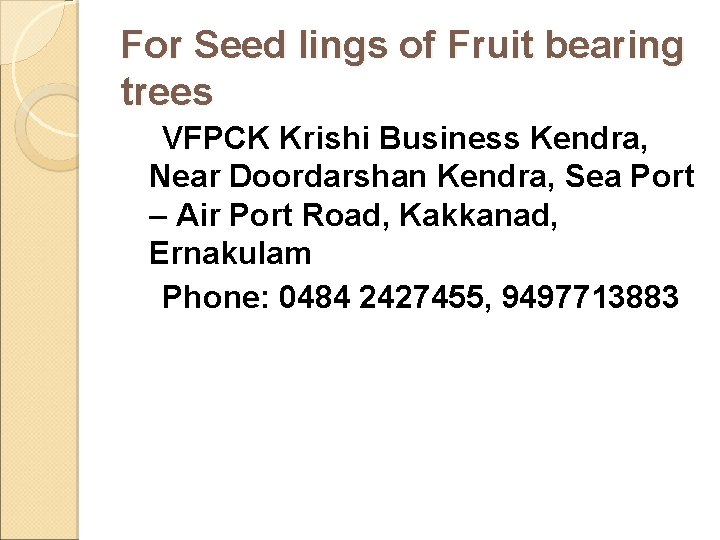 For Seed lings of Fruit bearing trees VFPCK Krishi Business Kendra, Near Doordarshan Kendra, For Seed lings of Fruit bearing trees VFPCK Krishi Business Kendra, Near Doordarshan Kendra,