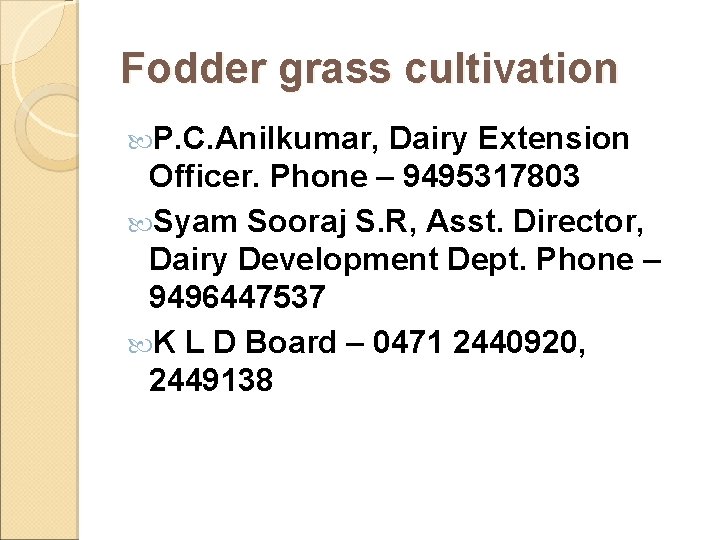 Fodder grass cultivation P. C. Anilkumar, Dairy Extension Officer. Phone – 9495317803 Syam Sooraj