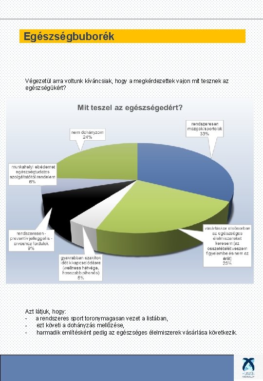 Egészségbuborék Végezetül arra voltunk kíváncsiak, hogy a megkérdezettek vajon mit tesznek az egészségükért? Azt