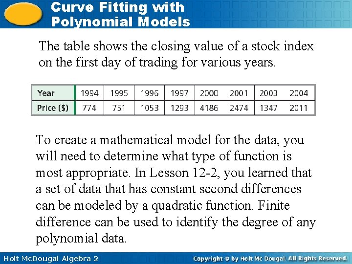 Curve Fitting with Polynomial Models The table shows the closing value of a stock