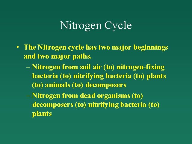 Nitrogen Cycle • The Nitrogen cycle has two major beginnings and two major paths.