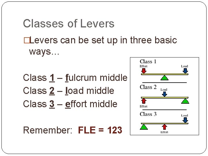 Classes of Levers �Levers can be set up in three basic ways… Class 1