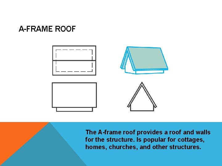 A-FRAME ROOF The A-frame roof provides a roof and walls for the structure. Is