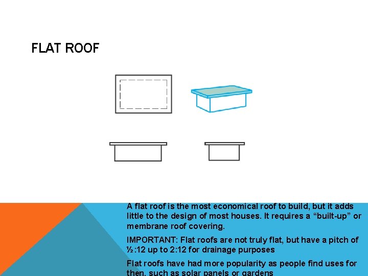 FLAT ROOF A flat roof is the most economical roof to build, but it