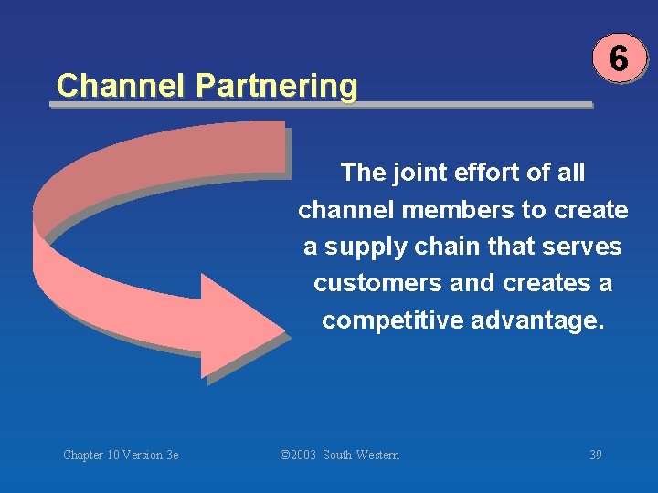 6 Channel Partnering The joint effort of all channel members to create a supply