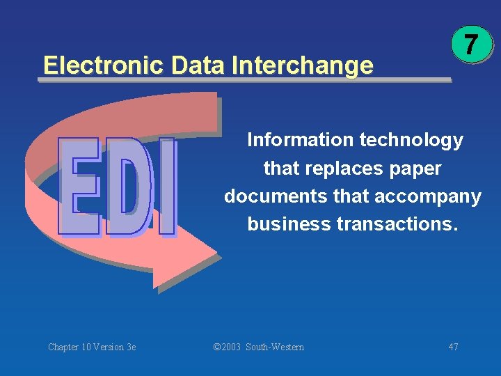 7 Electronic Data Interchange Information technology that replaces paper documents that accompany business transactions.