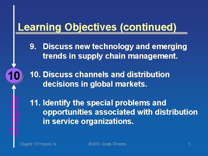 Learning Objectives (continued) 10 10. Discuss channels and distribution decisions in global markets. chapter