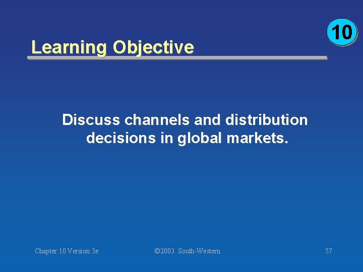 Learning Objective 10 Discuss channels and distribution decisions in global markets. Chapter 10 Version
