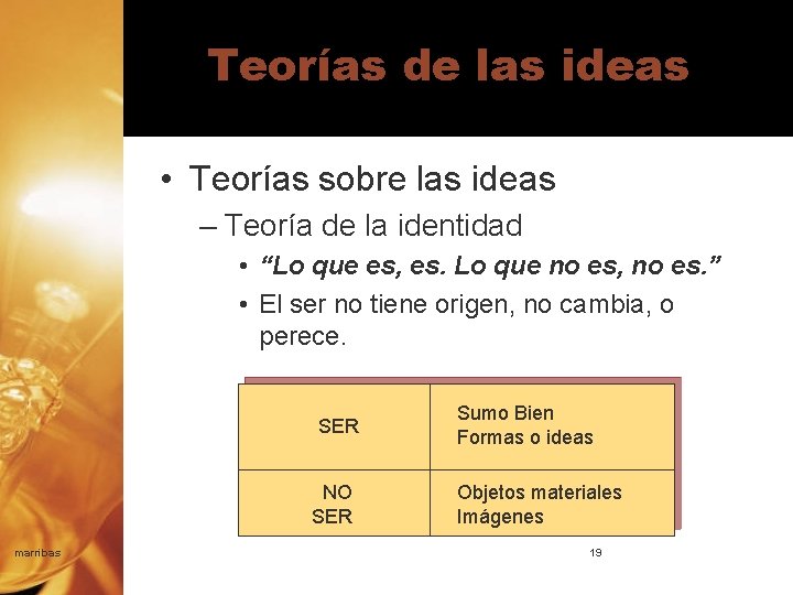 Teorías de las ideas • Teorías sobre las ideas – Teoría de la identidad