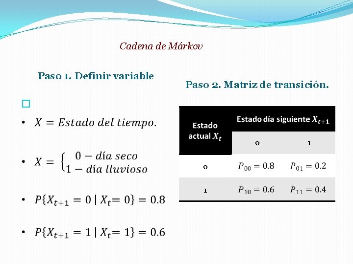 Cadena de Márkov Paso 1. Definir variable Paso 2. Matriz de transición. � 0