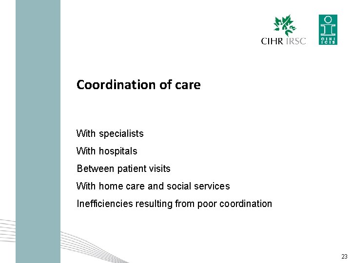 Coordination of care With specialists With hospitals Between patient visits With home care and