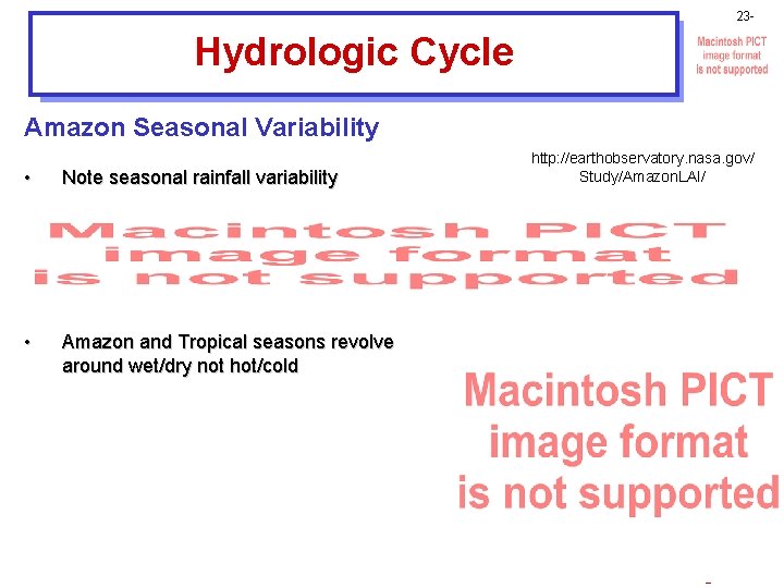 23 - Hydrologic Cycle Amazon Seasonal Variability • Note seasonal rainfall variability • Amazon