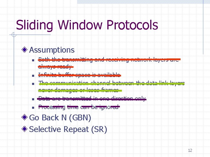 Sliding Window Protocols Assumptions n n n Both the transmitting and receiving network layers