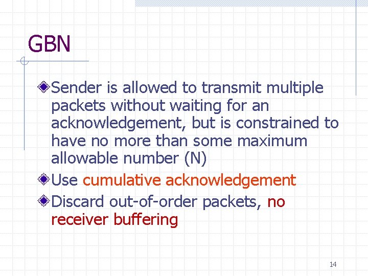GBN Sender is allowed to transmit multiple packets without waiting for an acknowledgement, but