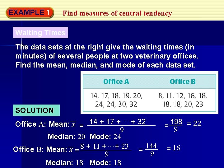 EXAMPLE 1 Find measures of central tendency Waiting Times The data sets at the