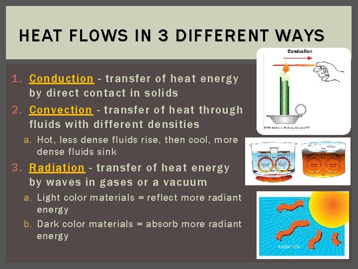 HEAT FLOWS IN 3 DIFFERENT WAYS 1. Conduction - transfer of heat energy by