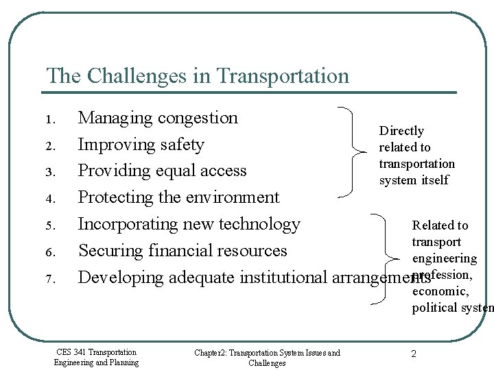 The Challenges in Transportation 1. 2. 3. 4. 5. 6. 7. Managing congestion Directly