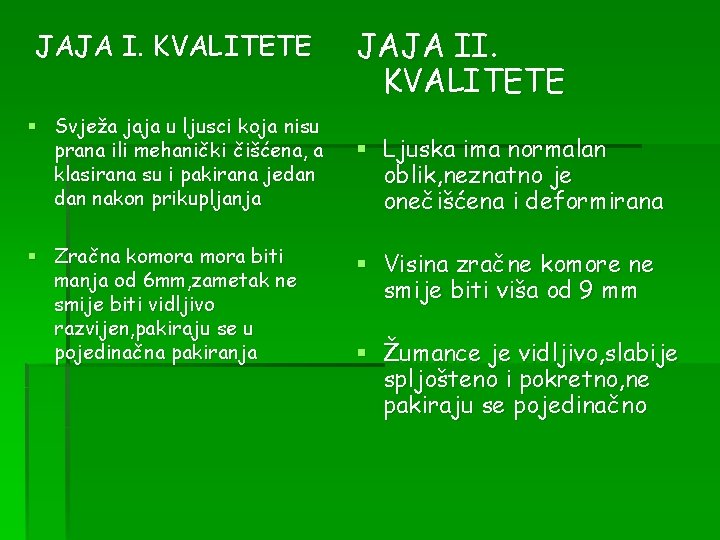 JAJA I. KVALITETE § Svježa jaja u ljusci koja nisu prana ili mehanički čišćena,