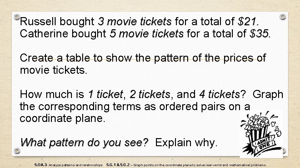 Russell bought 3 movie tickets for a total of $21. Catherine bought 5 movie