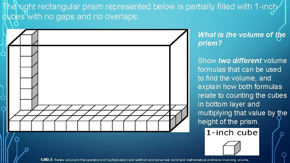 The right rectangular prism represented below is partially filled with 1 -inch cubes with