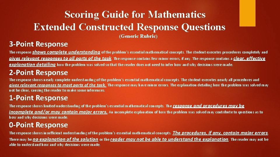 Scoring Guide for Mathematics Extended Constructed Response Questions 3 -Point Response (Generic Rubric) The