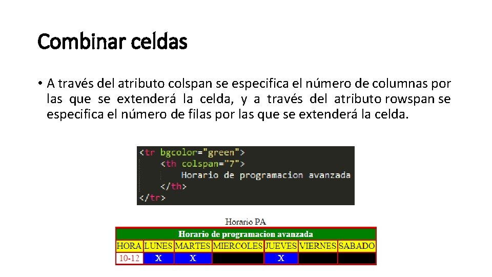 Combinar celdas • A través del atributo colspan se especifica el número de columnas