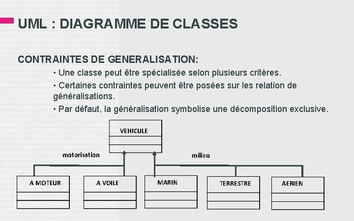 UML : DIAGRAMME DE CLASSES CONTRAINTES DE GENERALISATION: • Une classe peut être spécialisée