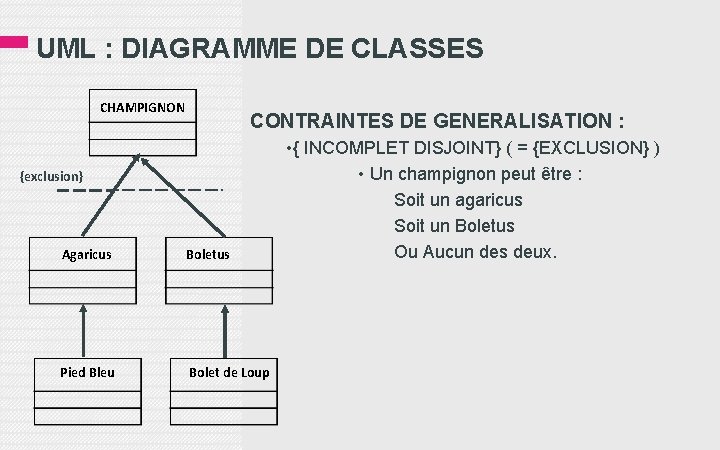 UML : DIAGRAMME DE CLASSES CHAMPIGNON CONTRAINTES DE GENERALISATION : {exclusion} Agaricus Boletus Pied