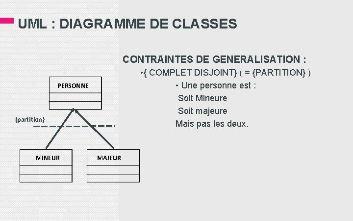 UML : DIAGRAMME DE CLASSES CONTRAINTES DE GENERALISATION : • { COMPLET DISJOINT} (