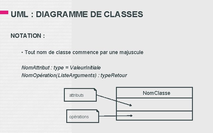 UML : DIAGRAMME DE CLASSES NOTATION : • Tout nom de classe commence par