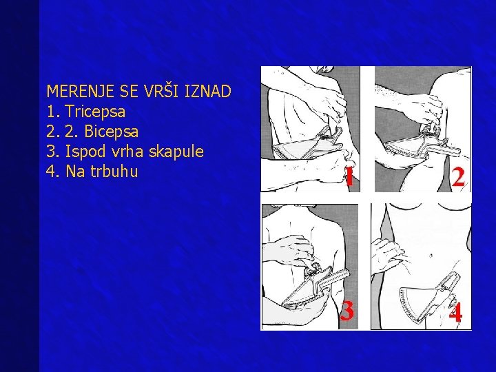 MERENJE SE VRŠI IZNAD 1. Tricepsa 2. 2. Bicepsa 3. Ispod vrha skapule 4.