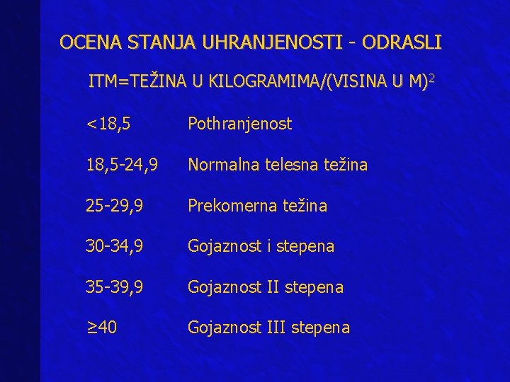 OCENA STANJA UHRANJENOSTI - ODRASLI ITM=TEŽINA U KILOGRAMIMA/(VISINA U M)2 <18, 5 Pothranjenost 18,