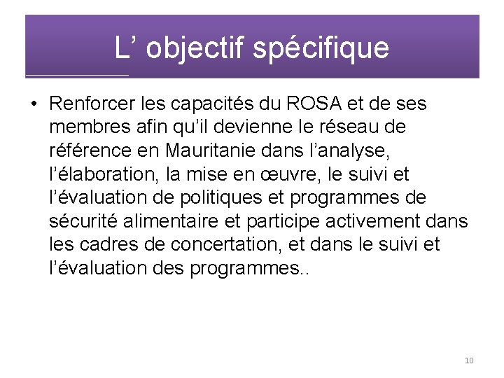L’ objectif spécifique • Renforcer les capacités du ROSA et de ses membres afin