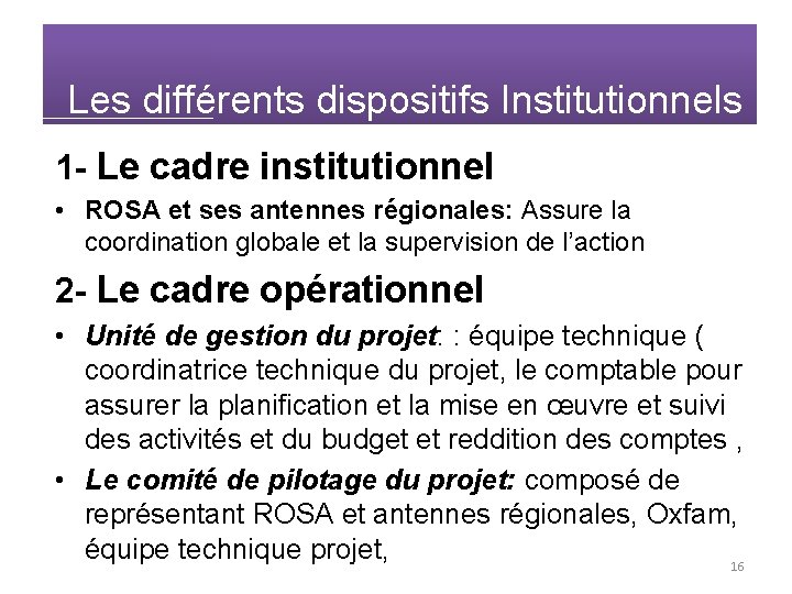  Les différents dispositifs Institutionnels 1 - Le cadre institutionnel • ROSA et ses