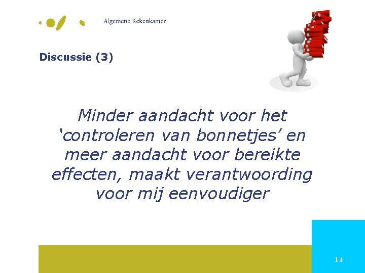 Discussie (3) Minder aandacht voor het ‘controleren van bonnetjes’ en meer aandacht voor bereikte
