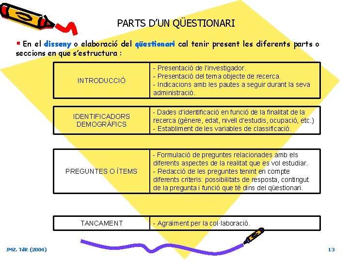 PARTS D’UN QÜESTIONARI § En el disseny o elaboració del qüestionari cal tenir present