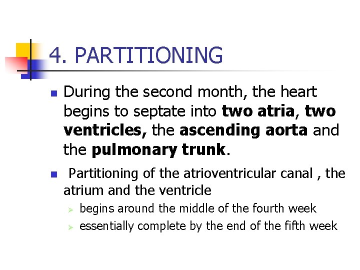 4. PARTITIONING n n During the second month, the heart begins to septate into