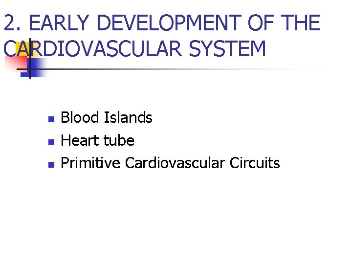 2. EARLY DEVELOPMENT OF THE CARDIOVASCULAR SYSTEM n n n Blood Islands Heart tube