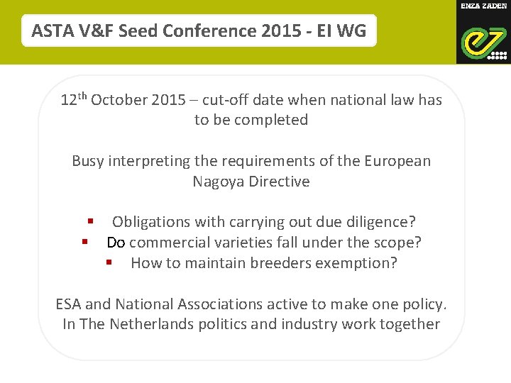 ASTA V&F Seed Conference 2015 - EI WG 12 th October 2015 – cut-off