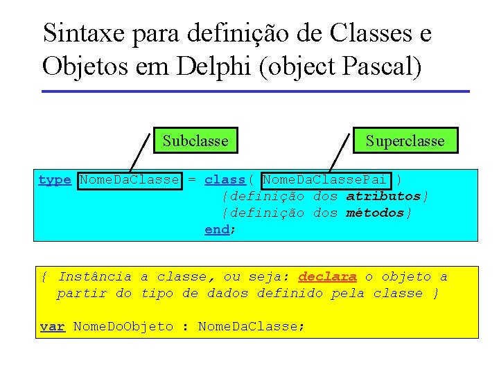 Sintaxe para definição de Classes e Objetos em Delphi (object Pascal) Subclasse Superclasse type