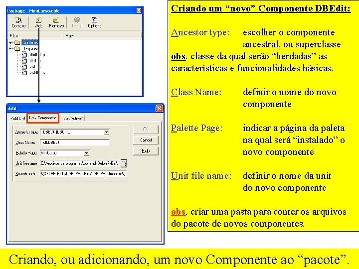 Criando um “novo” Componente DBEdit: Ancestor type: escolher o componente ancestral, ou superclasse obs.
