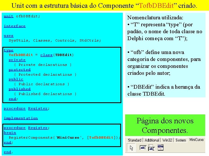 Unit com a estrutura básica do Componente “Tofb. DBEdit” criado. unit ofb. DBEdit; interface