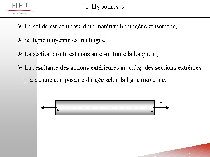 I. Hypothèses Ø Le solide est composé d’un matériau homogène et isotrope, Ø Sa