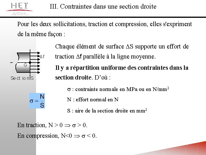 III. Contraintes dans une section droite Pour les deux sollicitations, traction et compression, elles