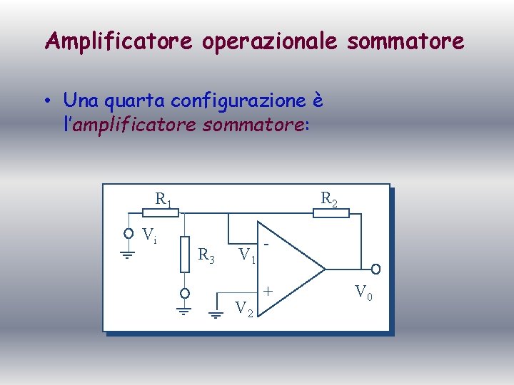 Amplificatore operazionale sommatore • Una quarta configurazione è l’amplificatore sommatore: R 2 R 1