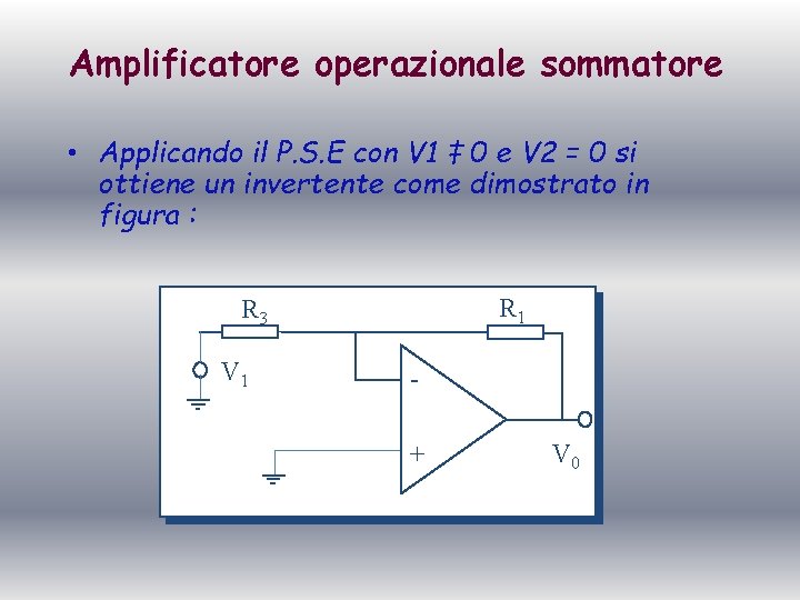 Amplificatore operazionale sommatore • Applicando il P. S. E con V 1 ‡ 0